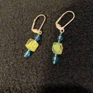 Teal/yellow dangling earrings